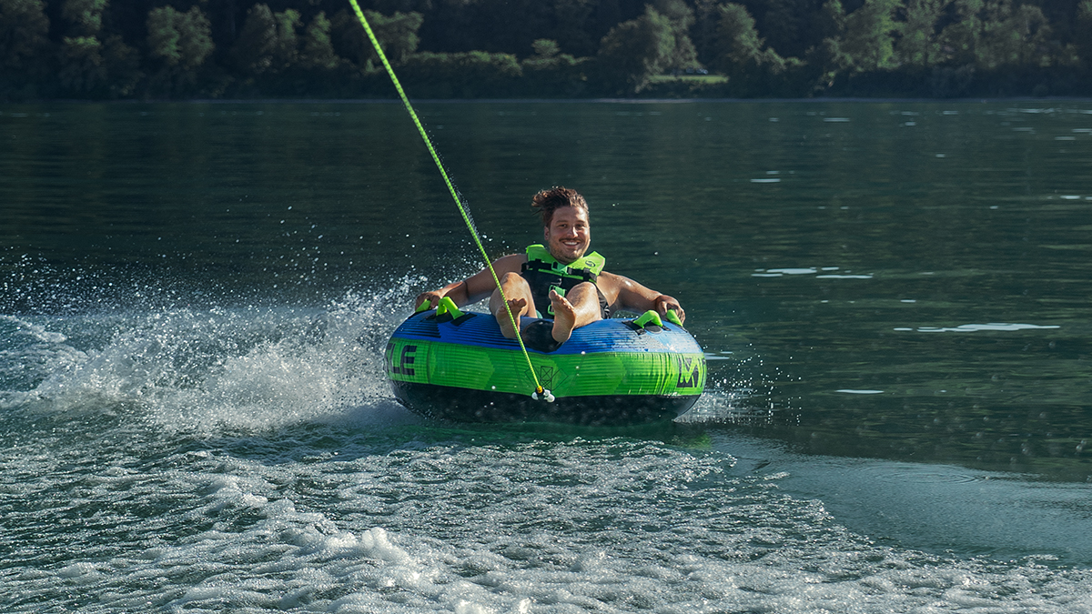 MESLE Tube Set Hurricane 58'' blue green, for 1-2 persons, towable and inflatable donut shaped, for children and adults, video thumbnail